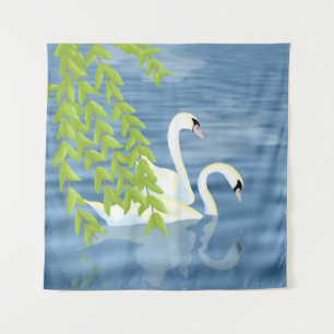 Malerei Blau und Grün Paar Schwäne auf dem See Wandteppich