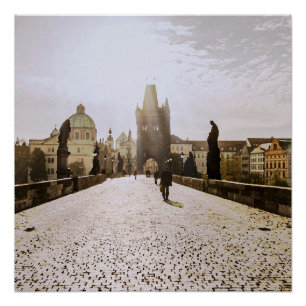 Malerei der Karlsbrücke in Prag bei Sonnenaufgang Poster
