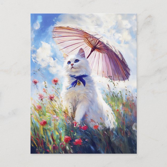 Malerei der weißen Katze mit Parasol im Mohnfeld Postkarte (Vorderseite)