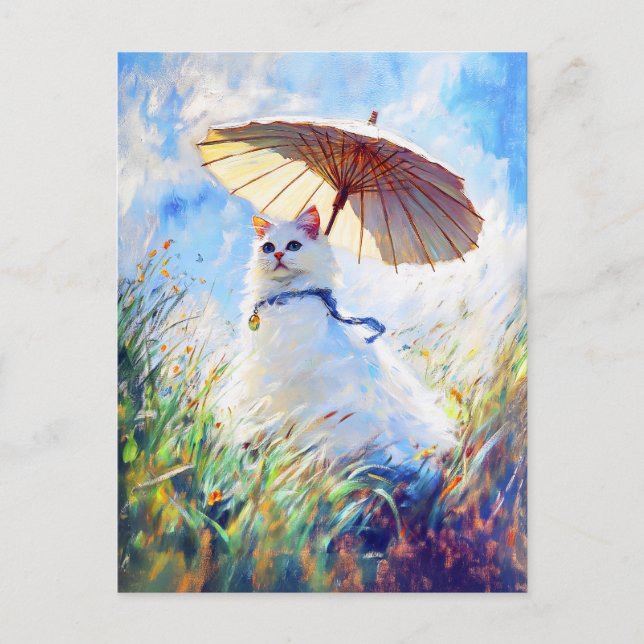 Malerei der weißen Katze mit Parasol im Mohnfeld Postkarte (Vorderseite)