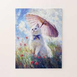 Malerei der weißen Katze mit Parasol im Mohnfeld Puzzle