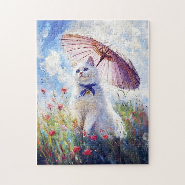 Malerei der weißen Katze mit Parasol im Mohnfeld Puzzle (Vertikal)