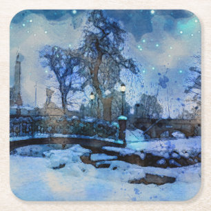 Malerei der Winternacht im Stadtpark Rechteckiger Pappuntersetzer