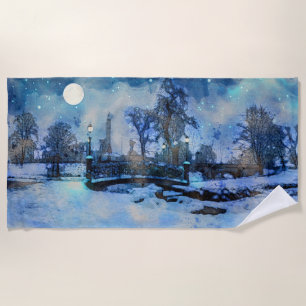 Malerei der Winternacht im Stadtpark Strandtuch