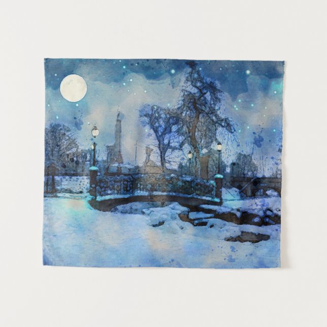 Malerei der Winternacht im Stadtpark Wandteppich (Vorderseite (Horizontal))