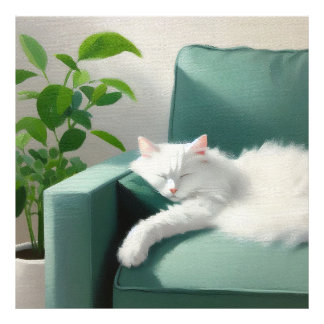 Malerei des Katzenschläfens auf einem grünen Sofa Fotodruck