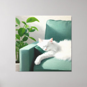 Malerei des Katzenschläfens auf einem grünen Sofa Leinwanddruck