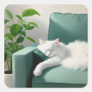 Malerei des Katzenschläfens auf einem grünen Sofa Quadratischer Aufkleber