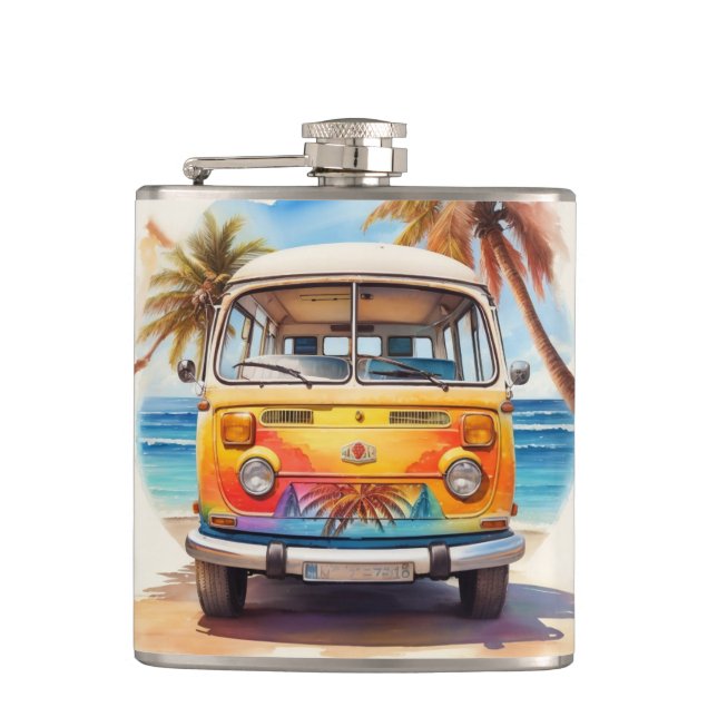 Malerei des Vintagen Minibusses am Strand Flachmann (Vorderseite)