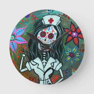 Malerei Dia de Los Muertos Nurse RN Runde Wanduhr