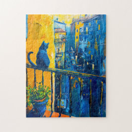 Malerei einer Katze auf dem Balkon Railing Stadt Puzzle