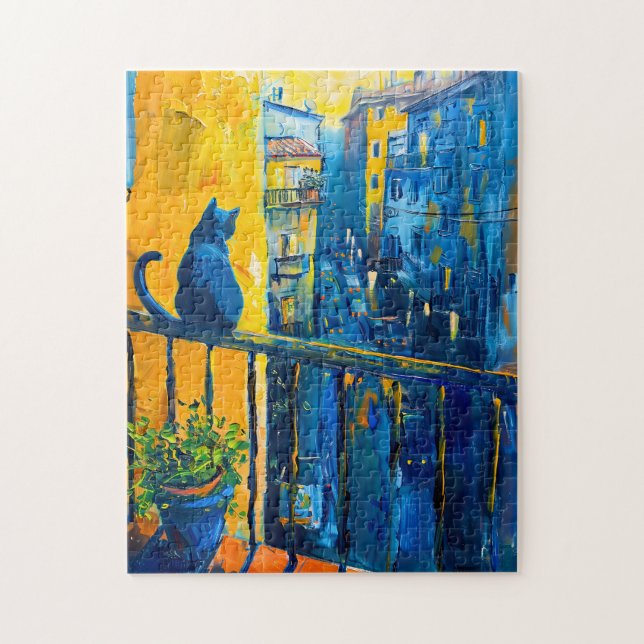 Malerei einer Katze auf dem Balkon Railing Stadt Puzzle (Vertikal)
