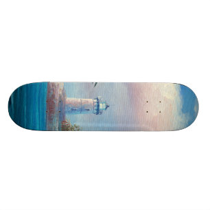 Malerei einer Seemöwe, die nahe einem Leuchtturm Skateboard