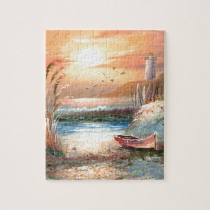 Malerei eines auf den Strand gesetzten Rowboat Puzzle