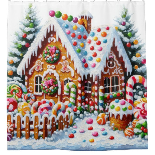 Malerei eines farbenfrohen Candy Gingerbread House Duschvorhang (Vorderseite)
