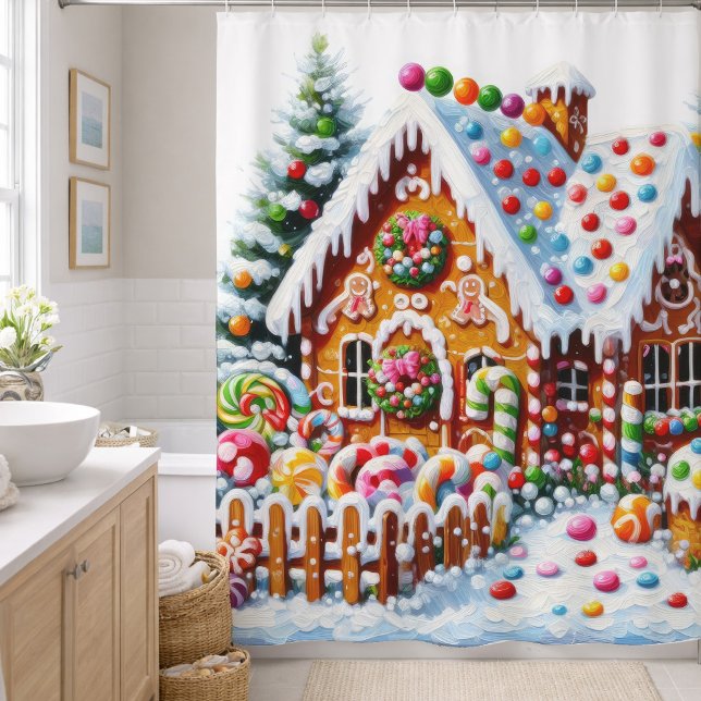 Malerei eines farbenfrohen Candy Gingerbread House Duschvorhang (Von Creator hochgeladen)