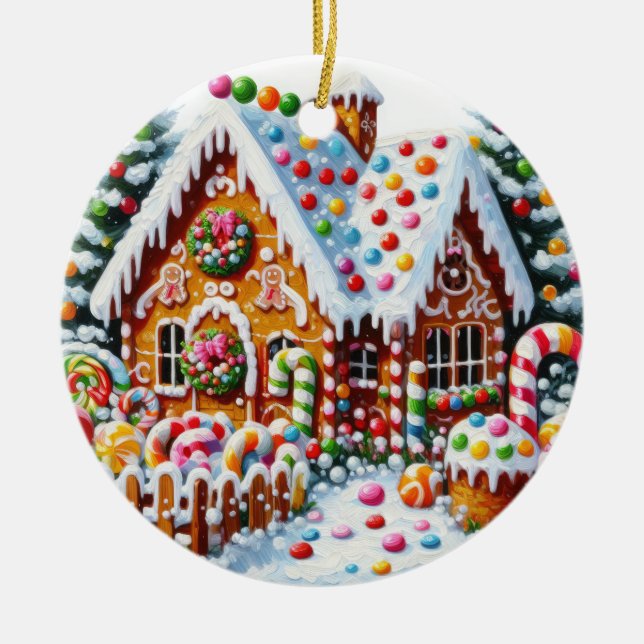 Malerei eines farbenfrohen Candy Gingerbread House Keramik Ornament (Vorne)