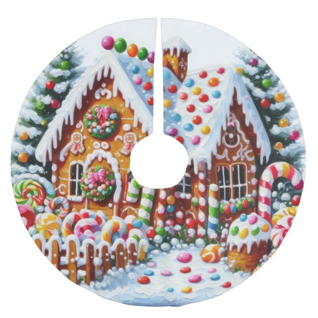 Malerei eines farbenfrohen Candy Gingerbread House Polyester Weihnachtsbaumdecke (Vorderseite)