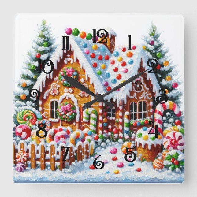Malerei eines farbenfrohen Candy Gingerbread House Quadratische Wanduhr (Vorderseite)