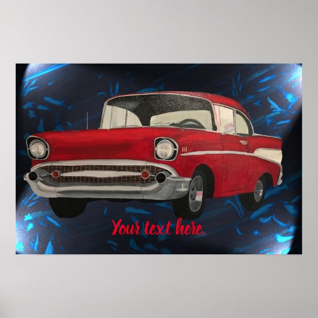 Malerei eines roten Oldtimer auf abstrakt blauem S Poster (Vorne)