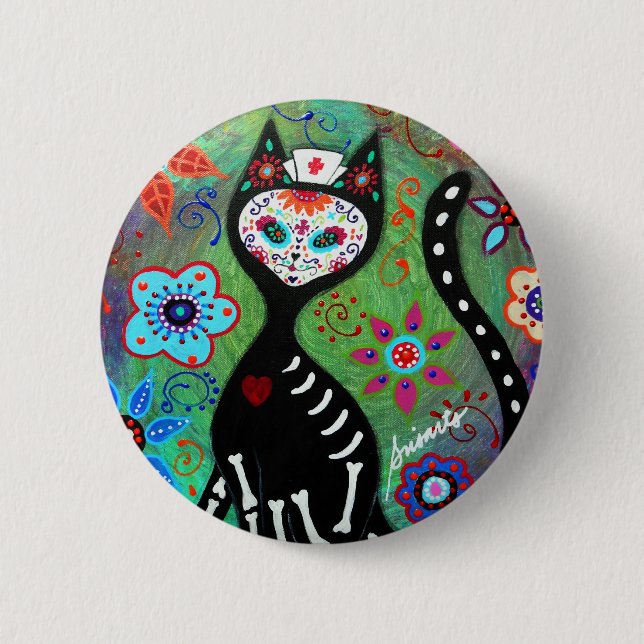 MALEREI EL GATO CAT DIA DE LOS MUERTOS NURSE BUTTON (Vorderseite)