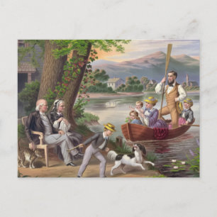 Malerei Familie Landschaft See Menschen Natur Hund Postkarte