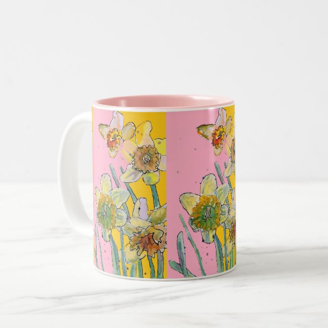 Malerei Hand Painting Yellow Pink Blüte Zweifarbige Tasse (Vorderseite Links)