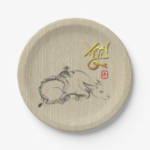 Malerei Kind Wasser Buffalo Chinesisch Ox Neujahr  Pappteller