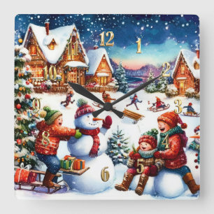 Malerei Kinder Winter Spaß Snowmen Rodelbahn Quadratische Wanduhr