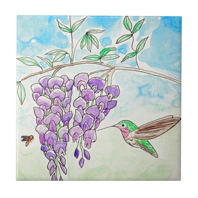 Malerei mit Hummingvogel und Wisteria Fliese (Vorderseite)