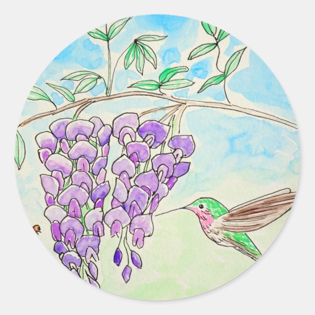 Malerei mit Hummingvogel und Wisteria Runder Aufkleber (Vorderseite)