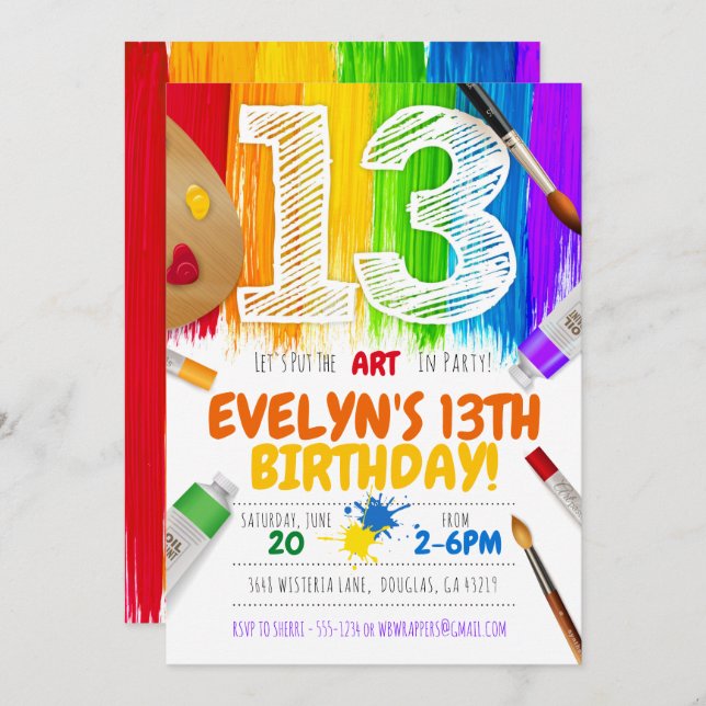 Malerei Party Einladung, Art Birthday Party - 13 Einladung (Vorne/Hinten)