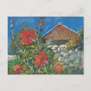 Malerei Postcard Hibiskus und Okinawan House Postkarte