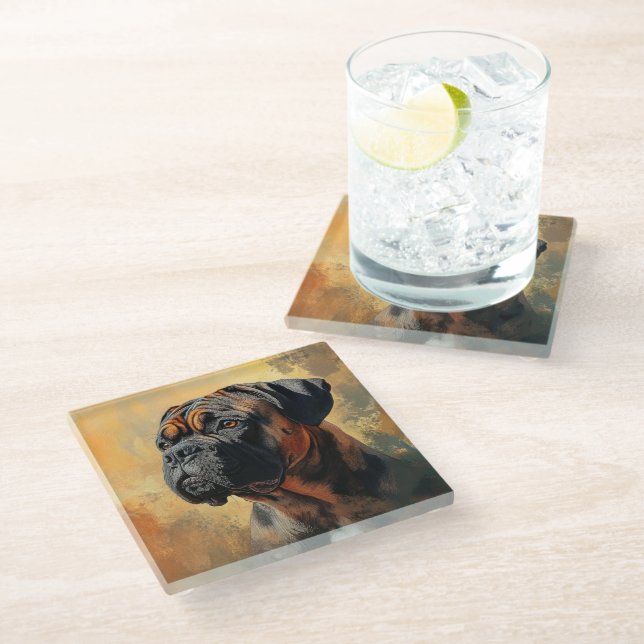 MALEREI UND SCHWARZER BULLMASTIFF GLASUNTERSETZER (Schrägansicht)