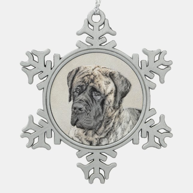 Malerei von englischen Mastiff (Brindle) - Hundeku Schneeflocken Zinn-Ornament (Vorderseite)