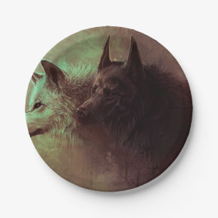 Malerei von schwarzem Wolf und weißem Wolf. Pappteller