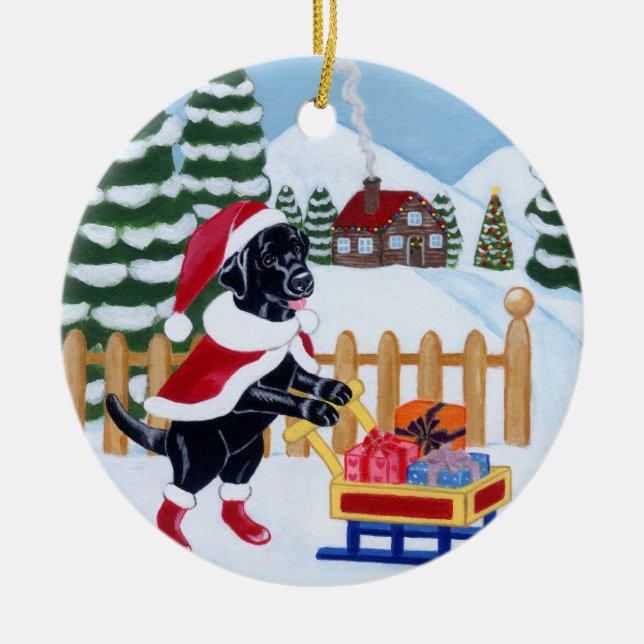 Malerei Weihnachtsschwarze Labradors Sankt Keramik Ornament (Vorne)