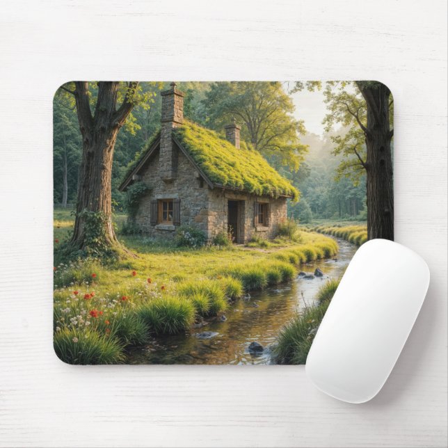 Maleriöses Steinhaus am Wald Bach Mousepad (Mit Mouse)