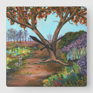 Malerische Bäume und Blüten Landschaft Akryllisch Quadratische Wanduhr