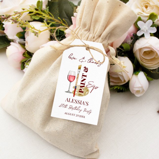 Malerische Gastgeschenke, Wein und Kunst Geschenkanhänger (Paint and sip wine and art themed birthday party thank you favor gift tags)