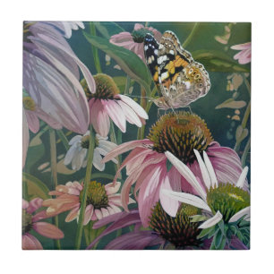 Malerische Lady Butterfly Coneflowers Wasserfarben Fliese