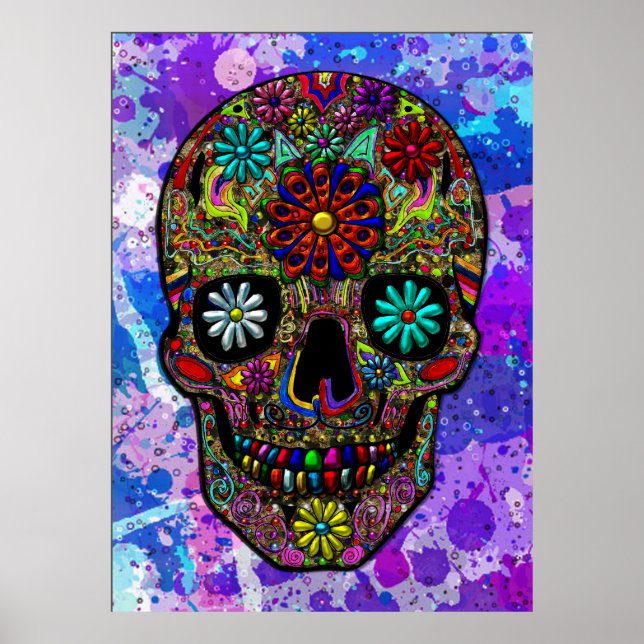Malerische Skull Floral Art Poster (Vorne)
