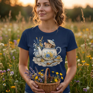 Malerische Teekannen-Maus Cottagecore-Blüten T-Shirt
