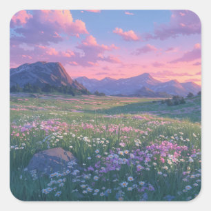 Malerische Wildblumenwiese am schneebedeckten Berg Quadratischer Aufkleber