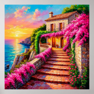 Malerischer Sonnenuntergang über einer Küstenvilla Poster