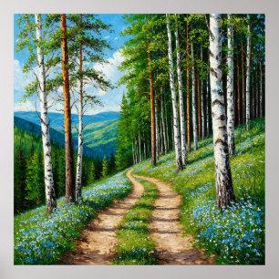 Malerischer Waldweg zwischen Birken Poster