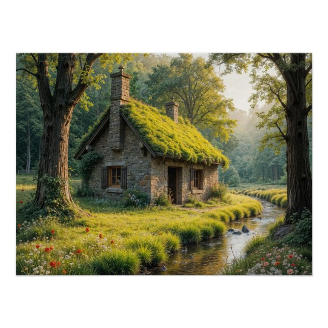 Malerisches Steinhaus am Wald Bach Poster (Vorderseite)