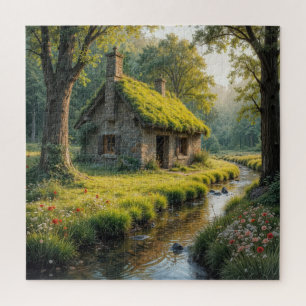 Malerisches Steinhaus am Wald Bach Puzzle