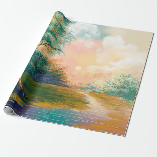Malerlandschaft für digitale Kunst, Fluss im Frühl Geschenkpapier