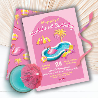 Malibu Beach Doll Retro Birthday Pool Party Einladung